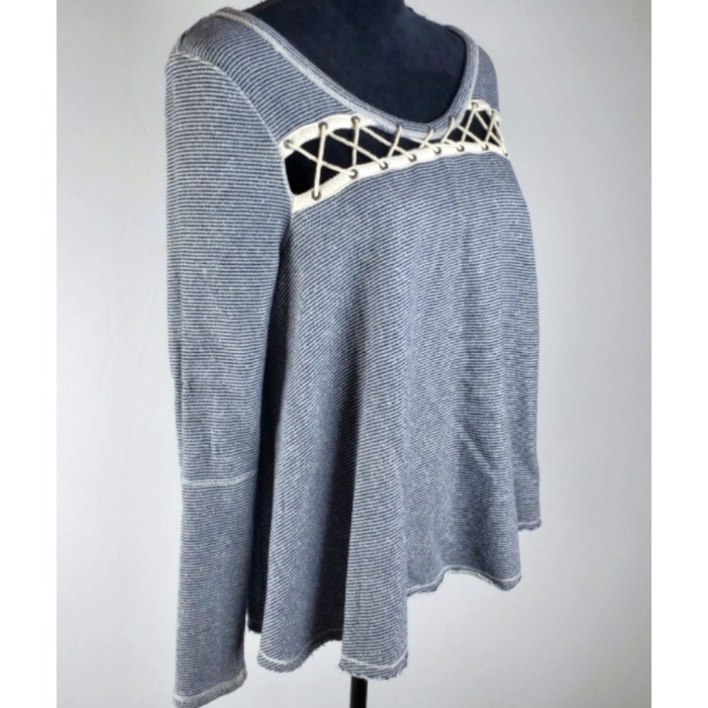 Free People Swing Lace Up Sweatshirt Women's Size Small Navy Blue Ivory Striped - Picture 1 of 7